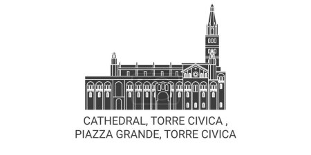 Téléchargez les illustrations : Italie, Cathédrale. Torre Civica, Piazza Grande, Torre Civica illustration vectorielle de ligne de voyage - en licence libre de droit