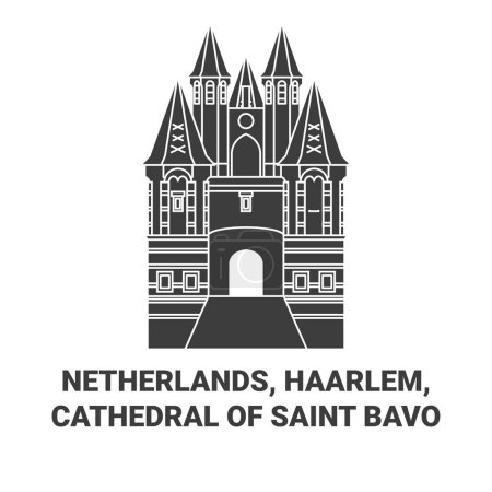Téléchargez les illustrations : Pays-Bas, Haarlem, Cathédrale de Saint Bavo illustration vectorielle de ligne de voyage - en licence libre de droit
