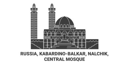 Téléchargez les illustrations : Russie, Kabardinobalkar, Nalchik, illustration vectorielle de ligne de voyage de la mosquée centrale - en licence libre de droit