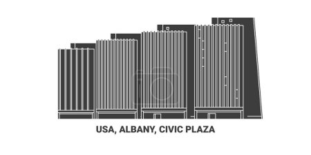 Téléchargez les illustrations : Usa, Albany, Civic Plaza, illustration vectorielle de ligne de repère de voyage - en licence libre de droit