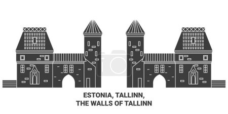 Téléchargez les illustrations : Estonie, Tallinn, Les murs de Tallinn Voyage illustration vectorielle ligne historique - en licence libre de droit