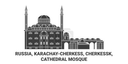 Illustration for Russia, Karachaycherkess, Cherkessk, Cathedral Mosque travel landmark line vector illustration - Royalty Free Image