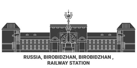 Illustration for Russia, Birobidzhan, Birobidzhan , Railway Station travel landmark line vector illustration - Royalty Free Image