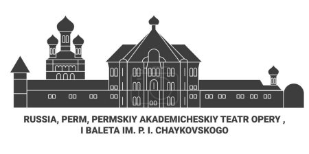 Ilustración de Rusia, Perm, Permskiy Akademicheskiy Teatr Opery, I Baleta Im. P. I. Chaykovskogo recorrido hito línea vector ilustración - Imagen libre de derechos