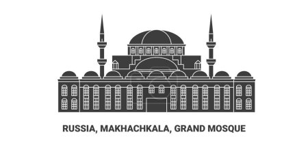 Téléchargez les illustrations : Russie, Makhachkala, Grande Mosquée, illustration vectorielle de ligne de repère de voyage - en licence libre de droit