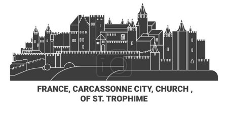 Illustration for France, Carcassonne City, Church Of St. Trophime travel landmark line vector illustration - Royalty Free Image
