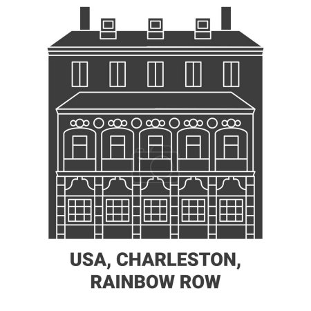 Ilustración de EE.UU., Charleston, Rainbow Row viaje hito línea vector ilustración - Imagen libre de derechos