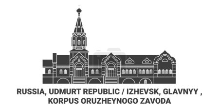 Illustration for Russia, Udmurt Republic Izhevsk, Glavnyy , Korpus Oruzheynogo Zavoda travel landmark line vector illustration - Royalty Free Image