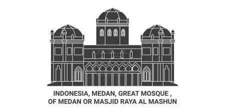 Ilustración de Indonesia, Medan, Gran Mezquita, De Medan O Masjid Raya Al Mashun viaje hito línea vector ilustración - Imagen libre de derechos