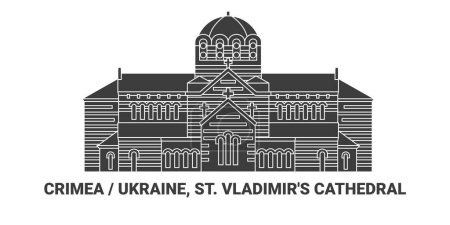 Téléchargez les illustrations : Russie, Crimée, Cathédrale Saint-Vladimirs, illustration vectorielle de ligne de repère de voyage - en licence libre de droit
