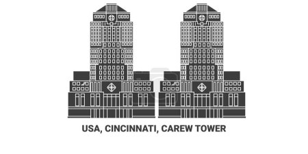 Téléchargez les illustrations : Usa, Cincinnati, Carew Tower, illustration vectorielle de ligne de repère de voyage - en licence libre de droit