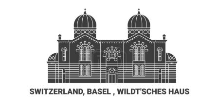 Téléchargez les illustrations : Suisse, Bâle, Wildtsches Haus, illustration vectorielle de ligne de repère de voyage - en licence libre de droit
