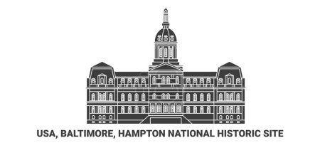 Téléchargez les illustrations : Lieu historique national des États-Unis, Baltimore, Hampton, illustration vectorielle de ligne de repère de voyage - en licence libre de droit