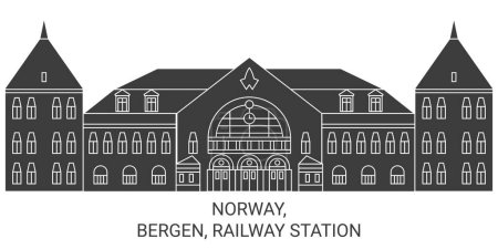 Téléchargez les illustrations : Norvège, Bergen, Gare Voyage illustration vectorielle de ligne de repère - en licence libre de droit