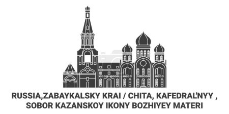 Ilustración de Rusia, Zabaykalsky Krai Chita, Kafedralnyy, Sobor Kazanskoy Ikony Bozhiyey Materi viaje hito línea vector ilustración - Imagen libre de derechos