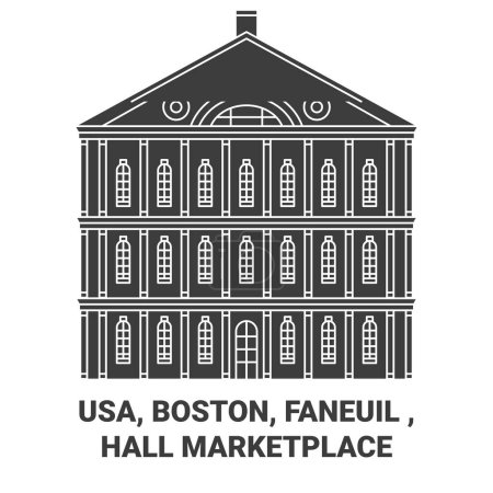 Téléchargez les illustrations : États-Unis, Boston, Faneuil, Hall Illustration vectorielle de ligne de voyage emblématique du marché - en licence libre de droit