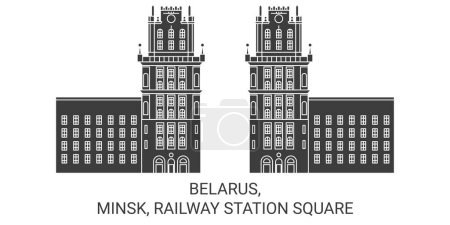 Téléchargez les illustrations : Biélorussie, Minsk, Gare de Minsk illustration vectorielle de ligne de voyage - en licence libre de droit