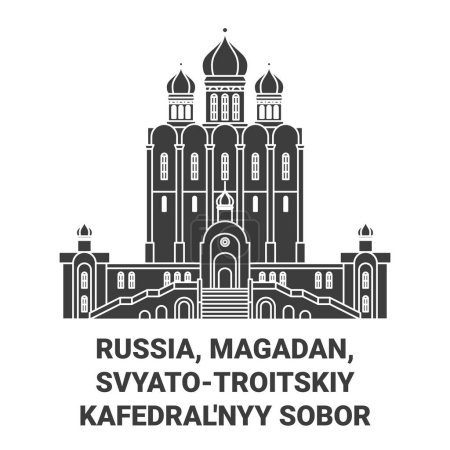 Illustration for Russia, Magadan, Svyatotroitskiy Kafedralnyy Sobor travel landmark line vector illustration - Royalty Free Image