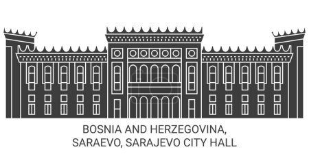Téléchargez les illustrations : Bosnie-Herzégovine, Saraevo, Sarajevo City Hall illustration vectorielle de ligne de voyage - en licence libre de droit