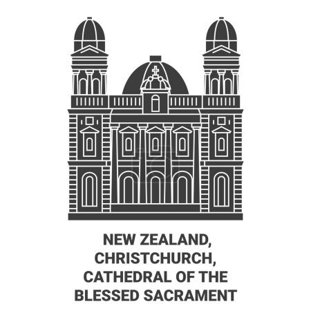 Ilustración de Nueva Zelanda, Christchurch, Catedral del Santísimo Sacramento viaje hito línea vector ilustración - Imagen libre de derechos