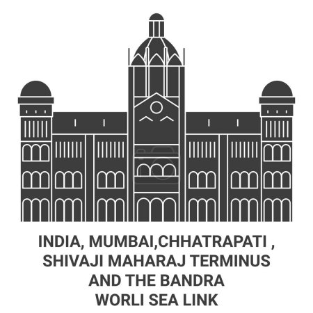 Téléchargez les illustrations : Inde, Mumbai, Chhatrapati, Shivaji Maharaj Terminus et la mer de Bandraworli Lien Voyage illustration vectorielle ligne historique - en licence libre de droit