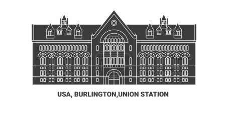 Ilustración de EE.UU., Burlington, Union Station, ilustración de vector de línea de referencia de viaje - Imagen libre de derechos