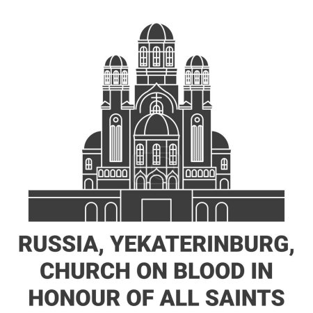 Téléchargez les illustrations : Russie, Ekaterinbourg, Eglise sur le sang en l'honneur de tous les saints resplendissant dans l'illustration vectorielle de ligne de voyage de la terre russe - en licence libre de droit