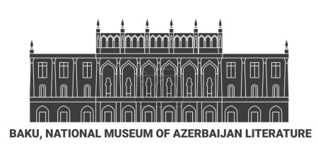 Téléchargez les illustrations : Azerbaïdjan, Bakou, Musée national de la littérature azerbaïdjanaise, illustration vectorielle de ligne de voyage - en licence libre de droit