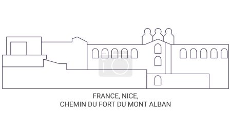 Ilustración de Francia, Niza, Chemin Du Fort Du Mont Alban viaje hito línea vector ilustración - Imagen libre de derechos