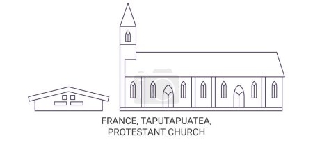 Illustration for France, Taputapuatea, Protestant Church travel landmark line vector illustration - Royalty Free Image