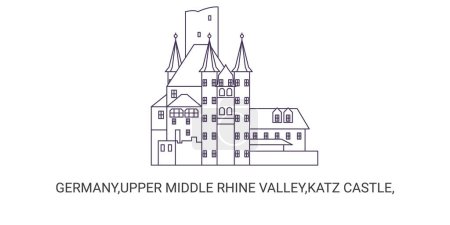Téléchargez les illustrations : Allemagne, Haute vallée du Rhin moyen, Château de Katz, illustration vectorielle de ligne de repère de voyage - en licence libre de droit