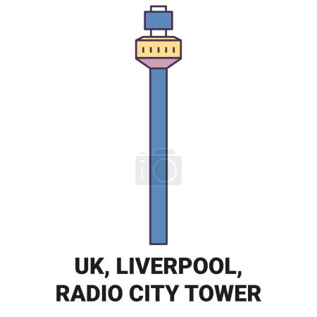 Téléchargez les illustrations : Angleterre, Liverpool, Tour Radio City Voyage illustration vectorielle de ligne historique - en licence libre de droit