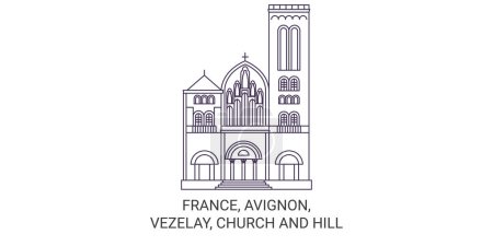 Illustration for France, Avignon, Vezelay, Church And Hill travel landmark line vector illustration - Royalty Free Image