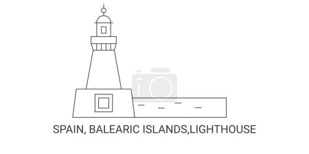 Téléchargez les illustrations : Espagne, Îles Baléares, Phare, illustration vectorielle de ligne de repère de voyage - en licence libre de droit