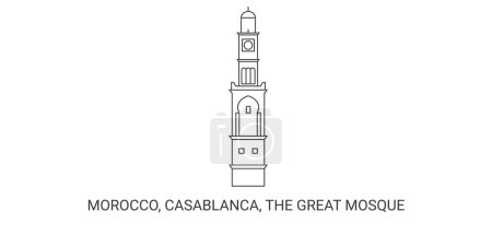 Téléchargez les illustrations : Maroc, Casablanca, La Grande Mosquée, illustration vectorielle de ligne de repère de voyage - en licence libre de droit