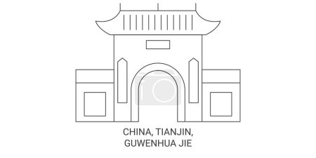 Téléchargez les illustrations : Chine, Tianjin, Guwenhua Jie illustration vectorielle de ligne de voyage historique - en licence libre de droit