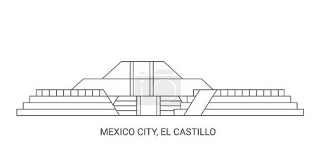 Téléchargez les illustrations : Mexique, Ville, El Castillo, illustration vectorielle de ligne de repère de voyage - en licence libre de droit