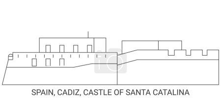 Ilustración de España, Cádiz, Castillo de Santa Catalina recorrido hito línea vector ilustración - Imagen libre de derechos