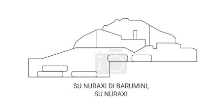 Téléchargez les illustrations : Italie, Su Nuraxi Di Barumini, Illustration vectorielle de ligne de voyage de Su Nuraxi - en licence libre de droit