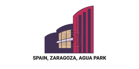 Téléchargez les illustrations : Espagne, Saragosse, Parc d'Agua, illustration vectorielle de ligne de repère de voyage - en licence libre de droit