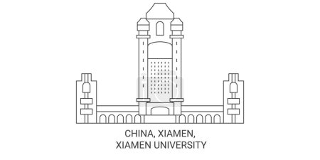 Téléchargez les illustrations : Chine, Xiamen, Xiamen University Voyage illustration vectorielle de ligne historique - en licence libre de droit