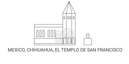 Téléchargez les illustrations : Mexique, Chihuahua, El Templo De San Francisco, illustration vectorielle de ligne de repère de voyage - en licence libre de droit