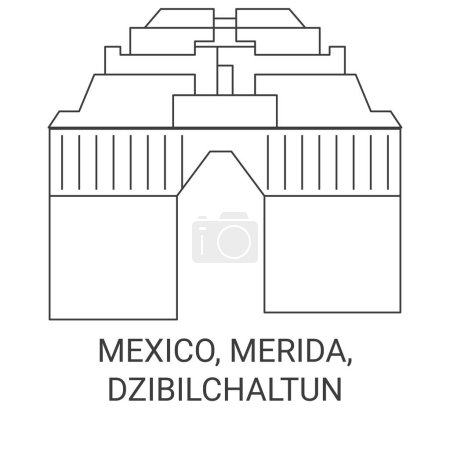 Illustration for Mexico, Merida, Dzibilchaltun travel landmark line vector illustration - Royalty Free Image