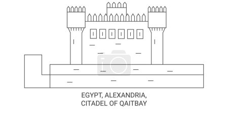 Téléchargez les illustrations : Égypte, Alexandrie, Citadelle de Qaitbay illustration vectorielle de ligne de voyage historique - en licence libre de droit
