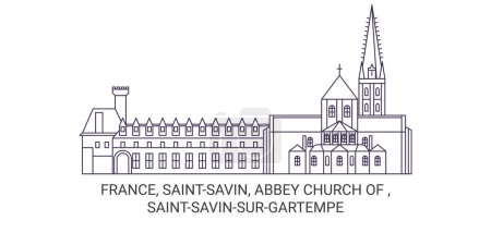Ilustración de Francia, Saintsavin, Abadía Iglesia de, Saintsavinsurgartempe viaje hito línea vector ilustración - Imagen libre de derechos