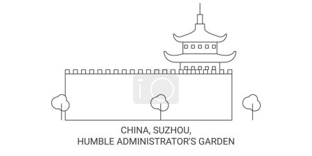 Téléchargez les illustrations : Chine, Suzhou, Humble Administrators Illustration vectorielle de ligne de voyage de jardin - en licence libre de droit