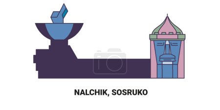 Téléchargez les illustrations : Russie, Nalchik, Sosruko voyages illustration vectorielle de ligne historique - en licence libre de droit