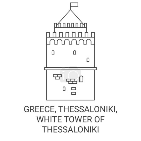 Téléchargez les illustrations : Grèce, Thessalonique, Tour Blanche de Thessalonique illustration vectorielle de ligne de voyage historique - en licence libre de droit