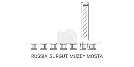 Téléchargez les illustrations : Russie, Surgut, Muzey Mosta, illustration vectorielle de ligne de repère de voyage - en licence libre de droit