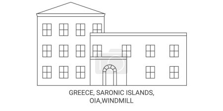 Téléchargez les illustrations : Grèce, Îles Saroniques, Oia, Illustration vectorielle de ligne de voyage de moulin à vent - en licence libre de droit